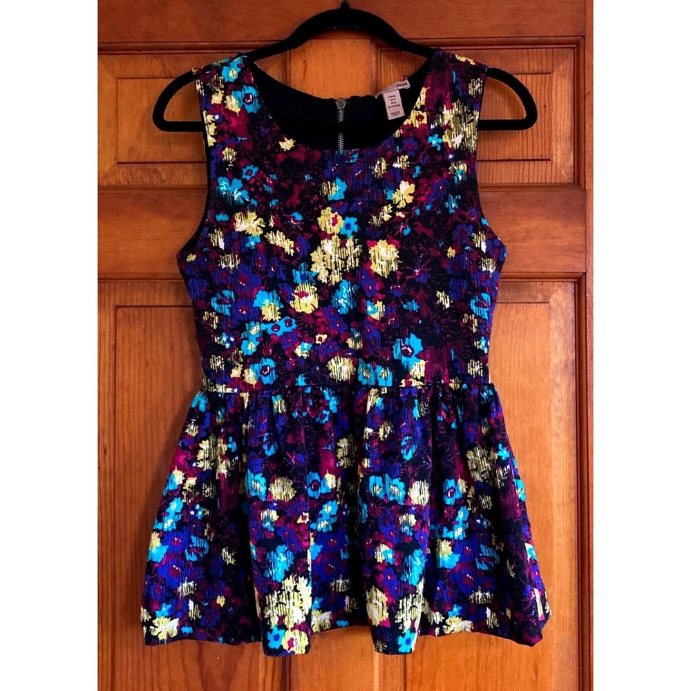 H&M Womens 8 Multicolor Floral Sleeveless Zip Back Peplum Top Girly Feminine Mod